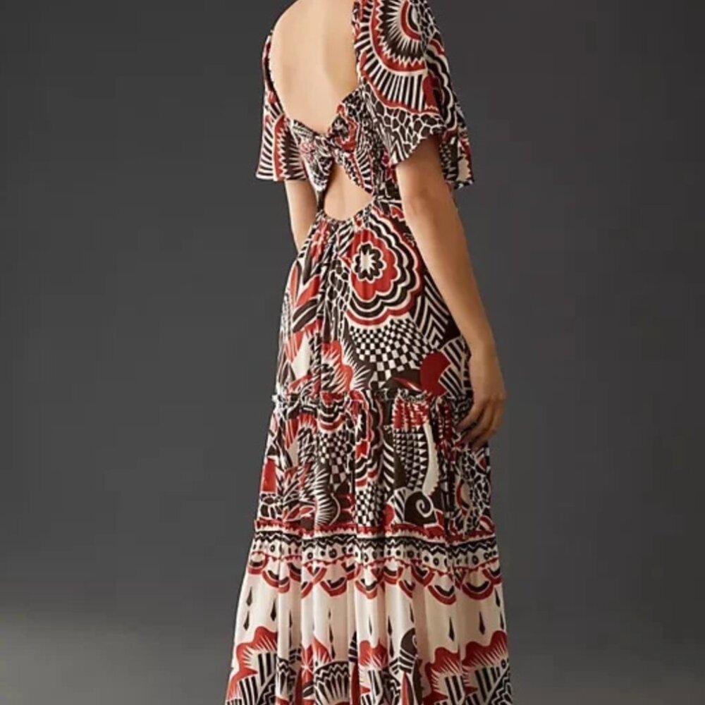 Anthropologie Tiered Maxi Dress V Neck Flutter Sleeve Southwestern Size M - Picture 3 of 11